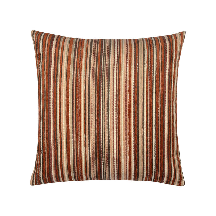 Pillow made from Small scale chenille striped multicolor spice-toned velvet outdoor safe fabric