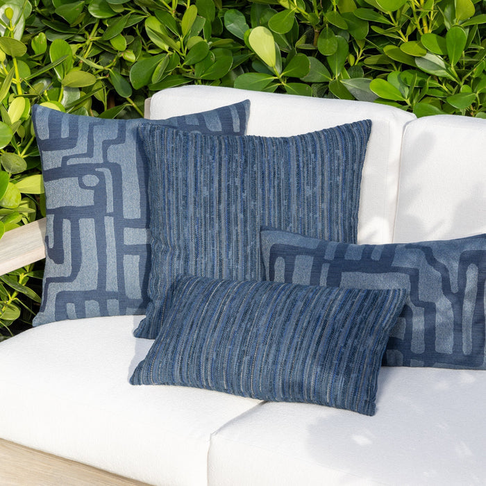 Luxury blue and white textured woven cushions on a outdoor sofa styled for hospitality suites, featuring tailored seams for a polished look to complete indoor and outdoor decor by Elaine Smith