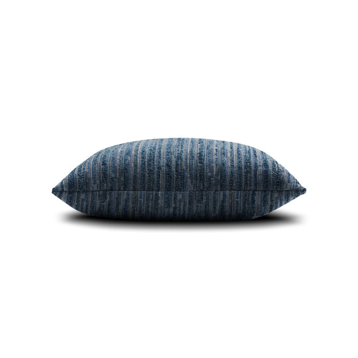 Side image of Indigo striped with chenille outdoor pillow square size for coastal indoor and outdoor decor
