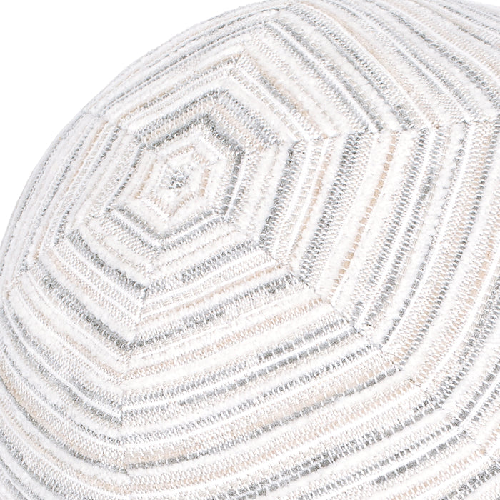 Detail image of White and gray striped with cheniile outdoor pillow round size for classic indoor and outdoor decor by Elaine Smith