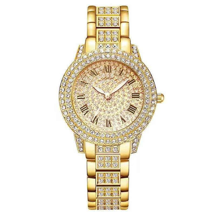 Stylish 3Sixty5 luxury women's jewelry set with gold-tone diamond watch and Roman numeral accents, perfect for elegant occasions.