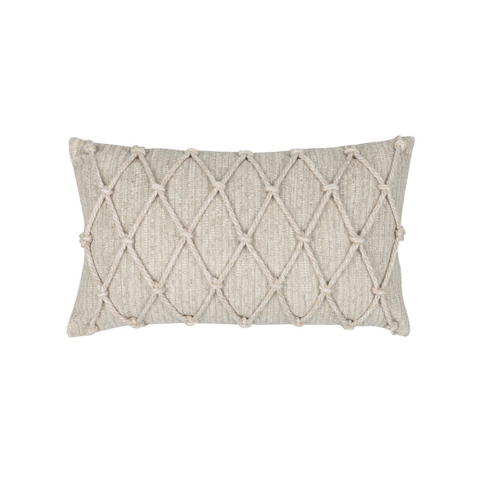 Beige textured outdoor pillow with macrame rope diamond details, lumbar size for transitional indoor and outdoor decor by Elaine Smith