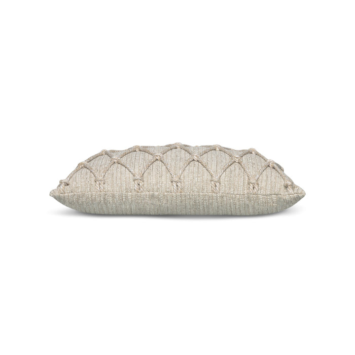 Side image of Beige textured outdoor pillow with macrame rope diamond details, lumbar size for transitional indoor and outdoor decor by Elaine Smith