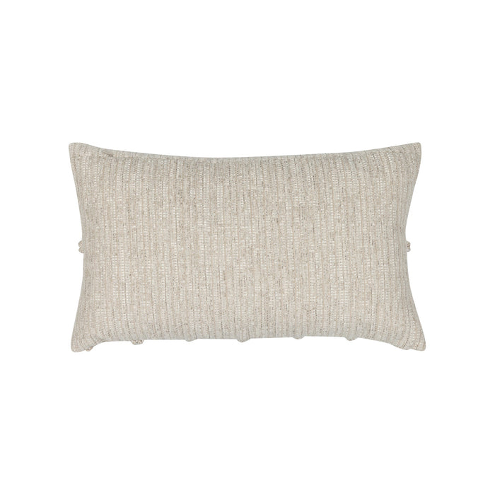 Back image of Beige textured outdoor pillow with macrame rope diamond details, lumbar size for transitional indoor and outdoor decor by Elaine Smith