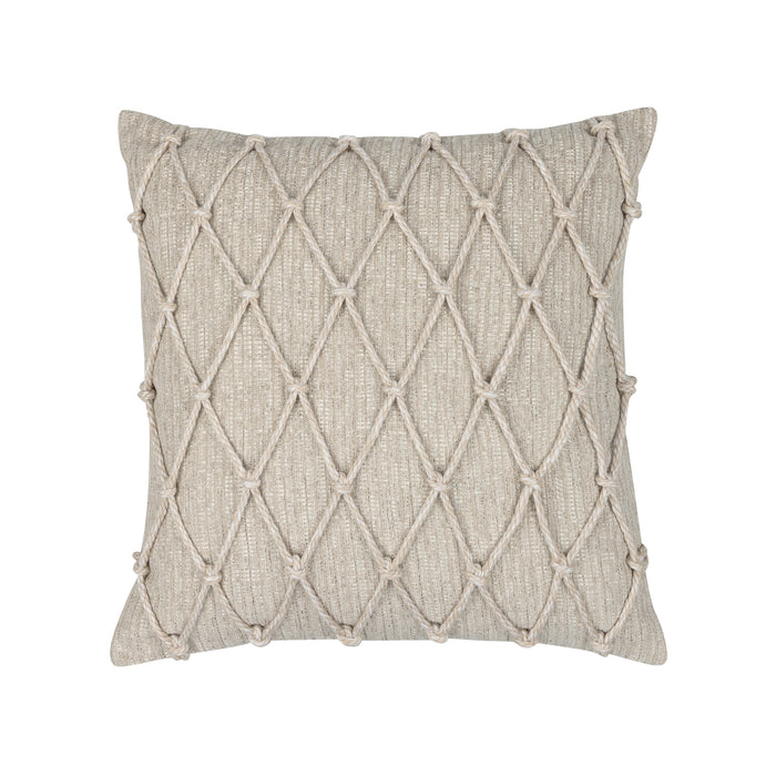 Beige textured outdoor pillow with macrame rope diamond details, square size for transitional indoor and outdoor decor by Elaine Smith
