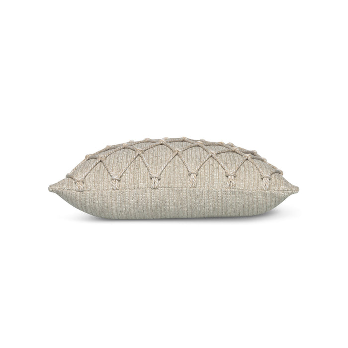 Side image of Beige textured outdoor pillow with macrame rope diamond details, square size for transitional indoor and outdoor decor by Elaine Smith