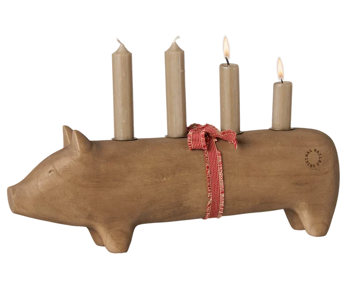 Maileg Christmas Pig Wooden Candle Holder Nature Large  FW26: NEW ARRIVAL