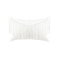 White textured outdoor pillow with fringe details and tassels on top corners for modern indoor and outdoor decor by Elaine Smith