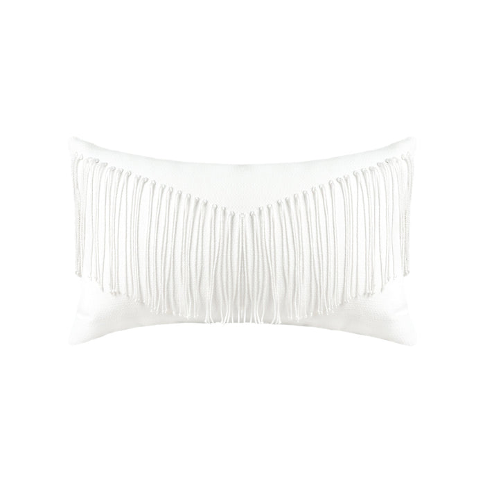 White textured outdoor pillow with fringe details and tassels on top corners for modern indoor and outdoor decor by Elaine Smith
