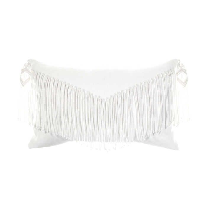 White textured outdoor pillow with fringe detailing in lumbar size for unique indoor and outdoor décor