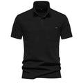 Men's black 100% cotton polo shirt with short sleeves and pocket, casual summer wear from Mead's Supply & Equipment Outfitters.