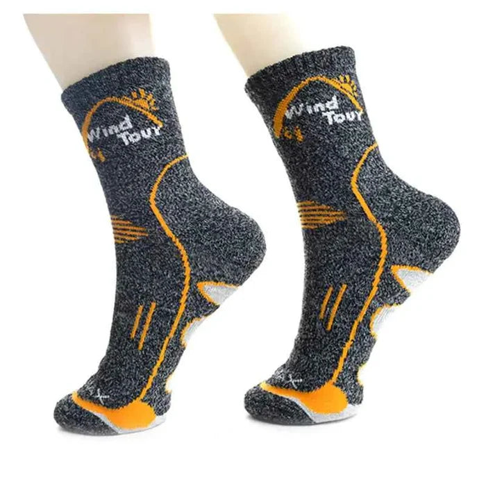 Dark grey men's and women's sweat-absorbing hiking basketball socks by Mead's Supply & Equipment, mid-calf polyester athletic socks.