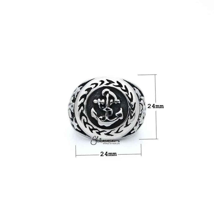 Men's antiqued stainless steel anchor casting rings by Glitters, showcasing rugged, textured steel rings on a neutral background.