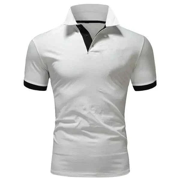 Men's white casual cotton polo shirt by Mead's Supply & Equipment Outfitters, slim fit short sleeve, ideal for meetings and events.