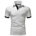 Men's white casual cotton polo shirt by Mead's Supply & Equipment Outfitters, slim fit short sleeve, ideal for meetings and events.