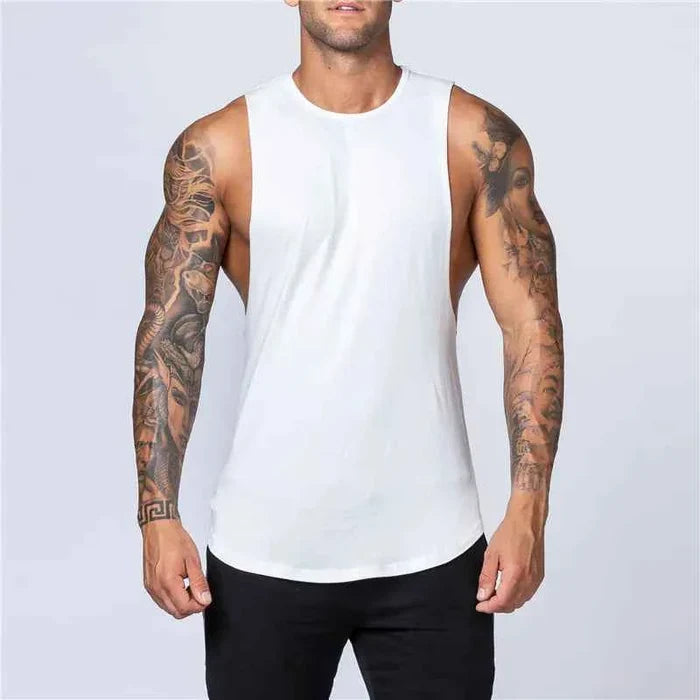 Men's loose cotton sleeveless singlet in white, made by Mead's Supply & Equipment Outfitters, casual men's clothing for warm weather.