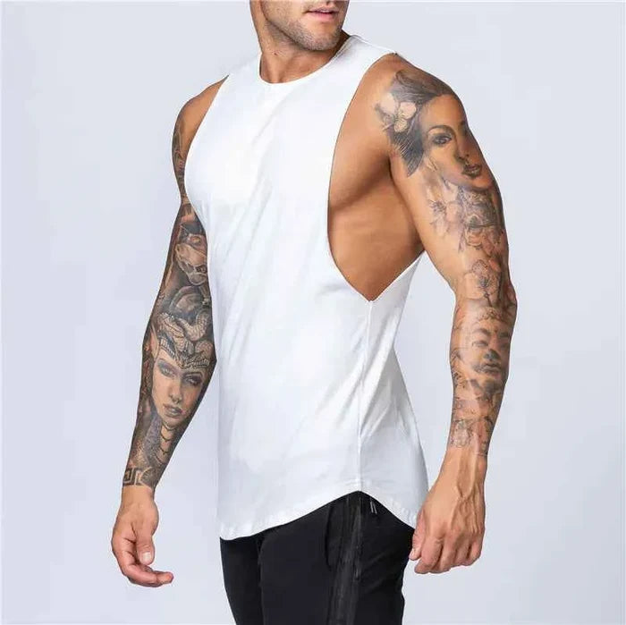 Men's loose cotton sleeveless singlet in white, casual men's clothing by Mead's Supply & Equipment Outfitters Limited.