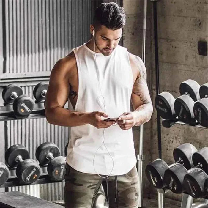 Men's loose cotton sleeveless singlet in white, made by Mead's Supply & Equipment Outfitters, casual men's clothing for comfort.