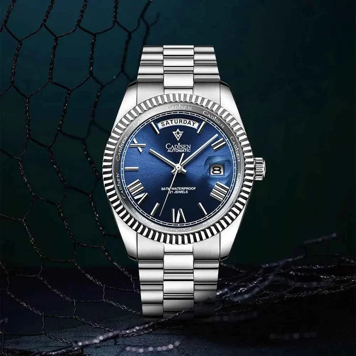 Men's Mechanical Glass Watch by Mead's Supply & Equipment, waterproof stainless steel with date display and blue steel strap.