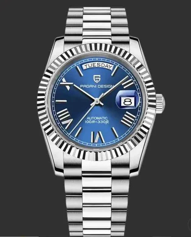 Men's mechanical glass watch with stainless steel case, blue dial, waterproof design, and date display from Mead's Supply & Equipment.
