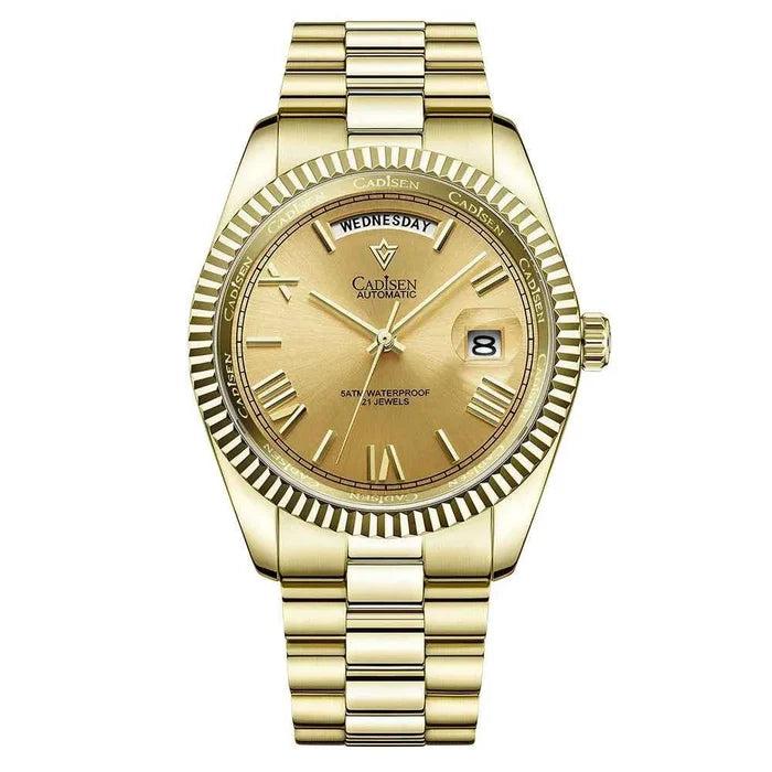 Men's mechanical glass watch with stainless steel case, blue strap, waterproof design, and date display by Mead's Supply & Equipment.