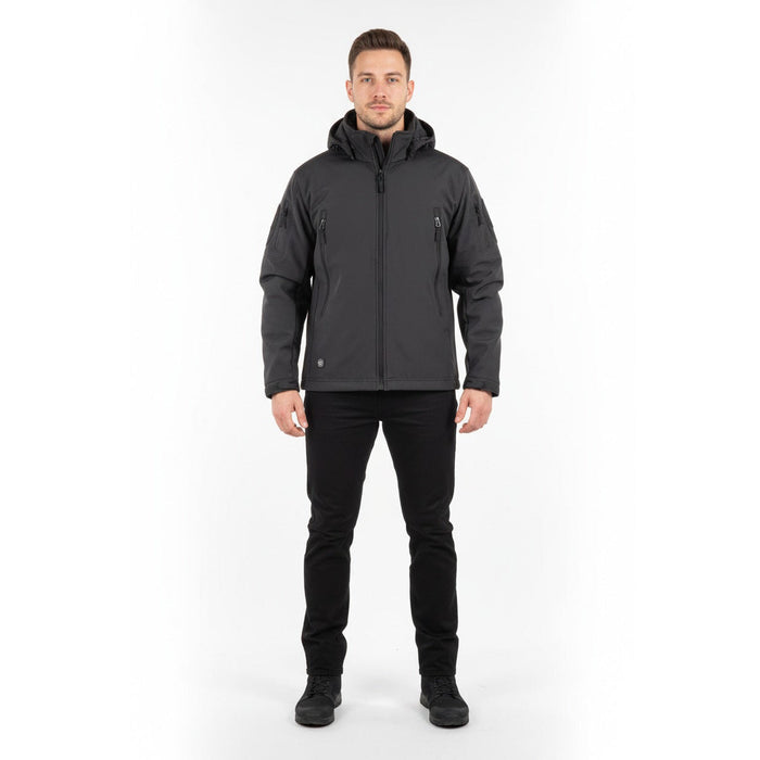 Men's military tactical soft shell jacket with water-resistant windbreaker fabric, black color, and zippered front.