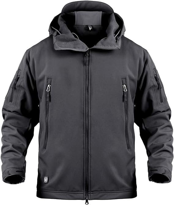 Men's tactical soft shell jacket from dealonline.co.nz, water-resistant, windbreaker with military-style design and multiple pockets.