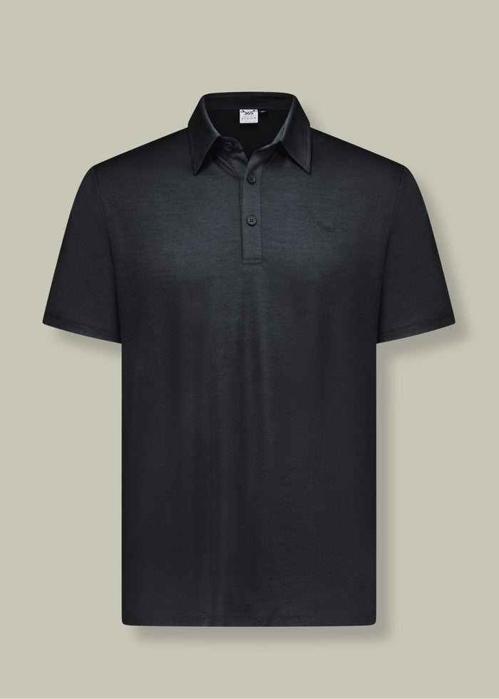 Men's black polo shirt made from 100% Merino wool by Merino 365 NZ, featuring a classic fit and soft texture.