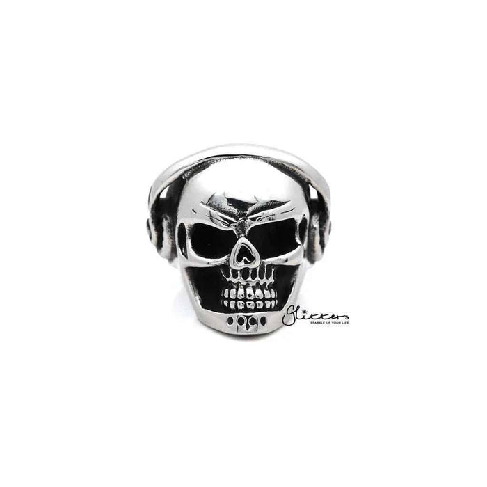 Men's stainless steel skull head with headphone design casting rings by Glitters, showcasing detailed skull and headphone motifs.