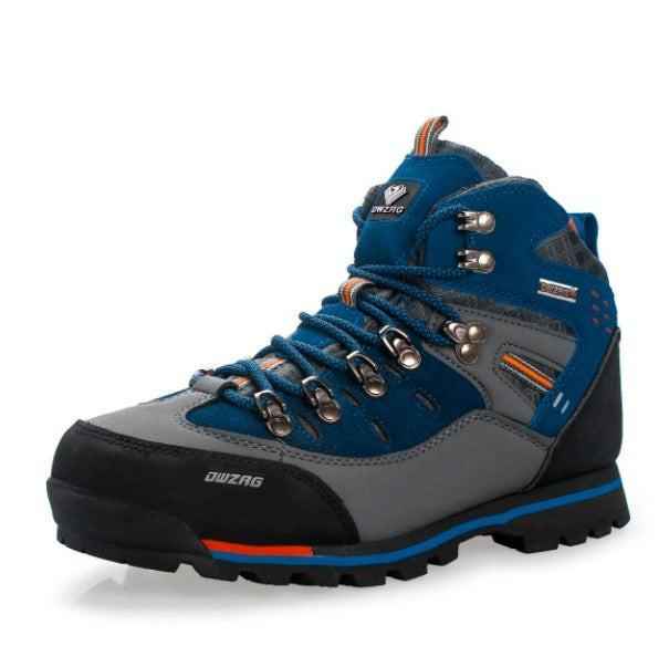 Men's waterproof hiking shoes by Mead's Supply & Equipment Outfitters, blue lightweight trail footwear with durable rubber sole.
