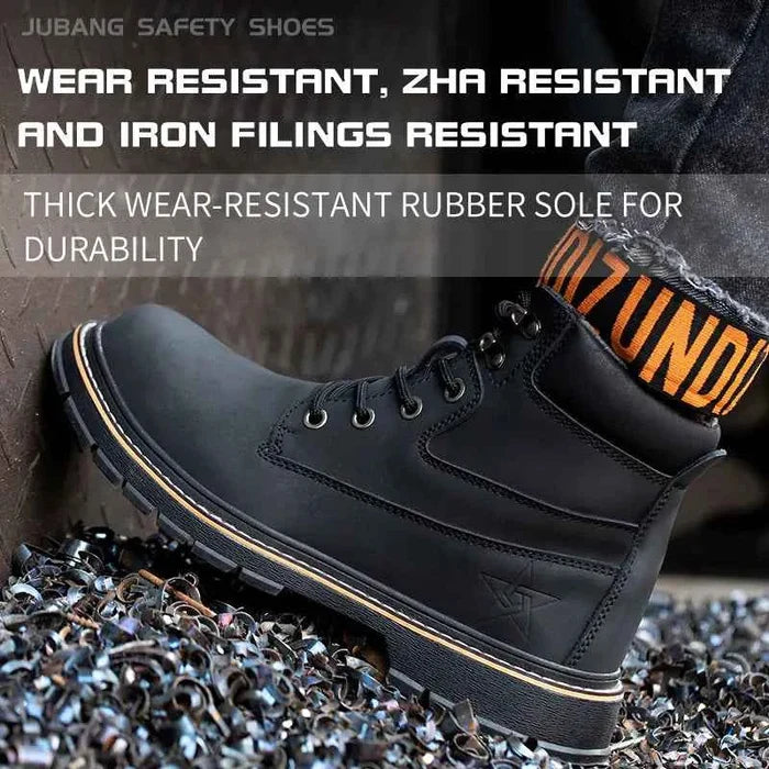 Men's waterproof steel-toe winter plush safety boots in blue, designed for durability and warmth in harsh conditions.