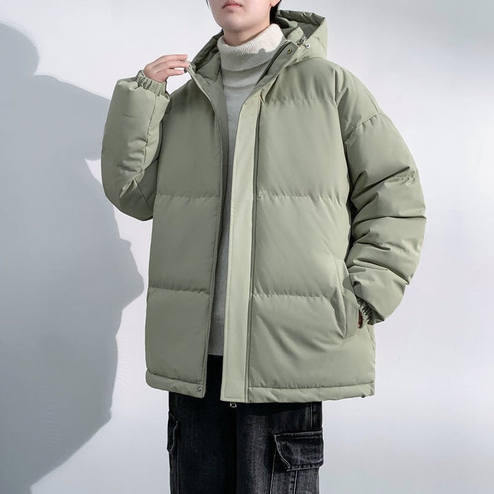Men's green winter jacket in XL to 4XL, featuring a warm, insulated design with a hood and zipper closure, ideal for cold weather.