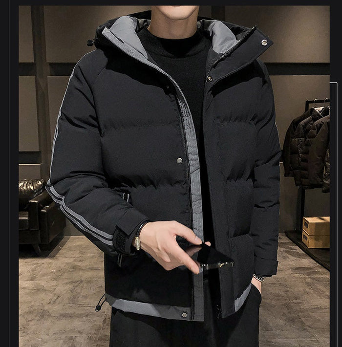 Men's winter jacket in size 4XL from dealonline.co.nz, black quilted outerwear with a hood and front zipper closure.