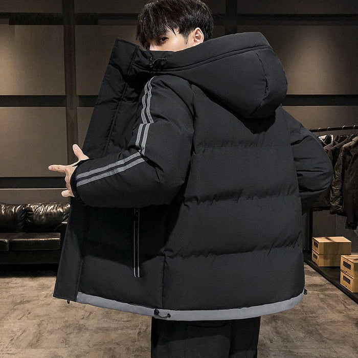 Men's winter jacket in size 4XL from dealonline.co.nz, navy blue with a hood, zipper front, and quilted insulation for cold weather.