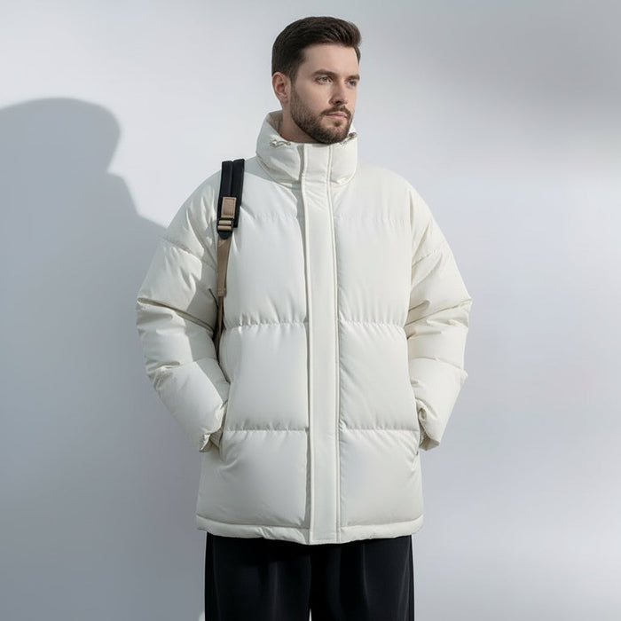 Men's white winter jacket in XL to 4XL, stylish warm outerwear with a hood, from dealonline.co.nz.