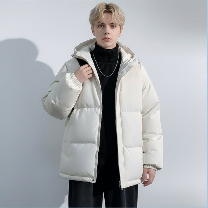 Men's white winter jacket in XL to 4XL, featuring a hood, zip closure, and padded design for cold weather warmth.