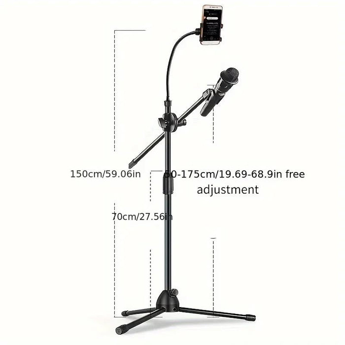 Height-adjustable dealonlinenz microphone stand with phone clip, gear design, gooseneck tube for flexible positioning.