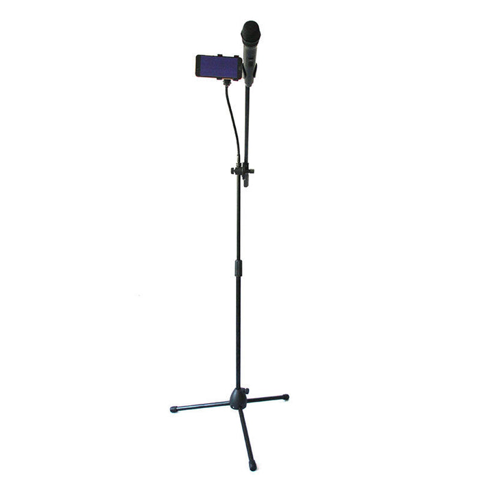 Adjustable dealonlinenz microphone stand with gear design and phone clip, featuring a gooseneck tube for flexible positioning.