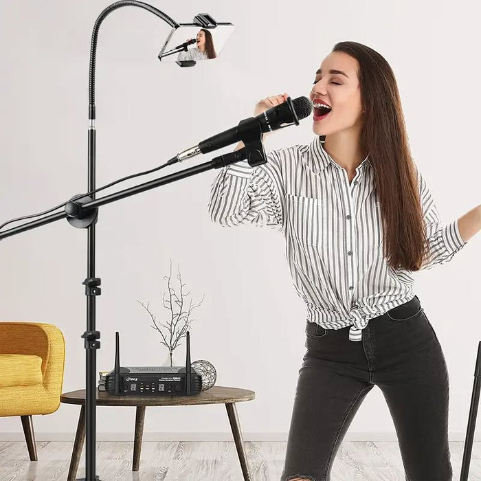 Adjustable microphone stand with phone clip and gear design, featuring a gooseneck tube for flexible height positioning.