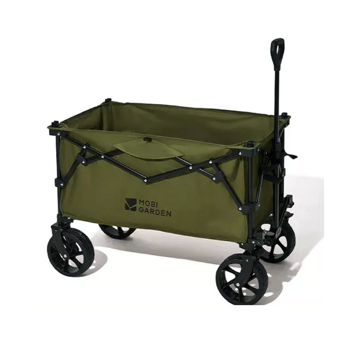 ECOTREK MOBI GARDEN outdoor camping trolley in green, portable four-way folding utility cart with 200L capacity for outdoor use.