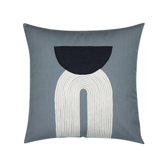 Modern design hand stitched pillow on slate blue ground in square size for stylish indoor and outdoor decor by Elaine Smith
