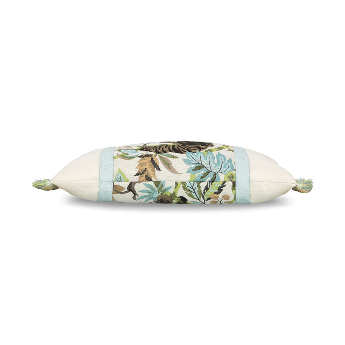 Side image of Botanical patterned outdoor pillow lumbar size for artistic indoor and outdoor decor