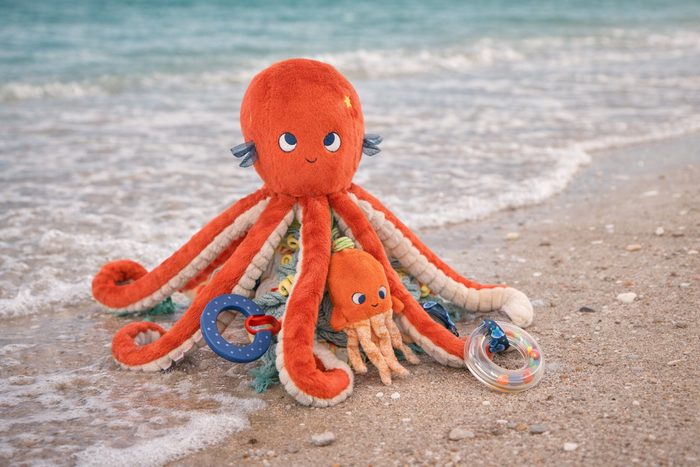 Plush octopus toy on a beach with ocean waves in the background