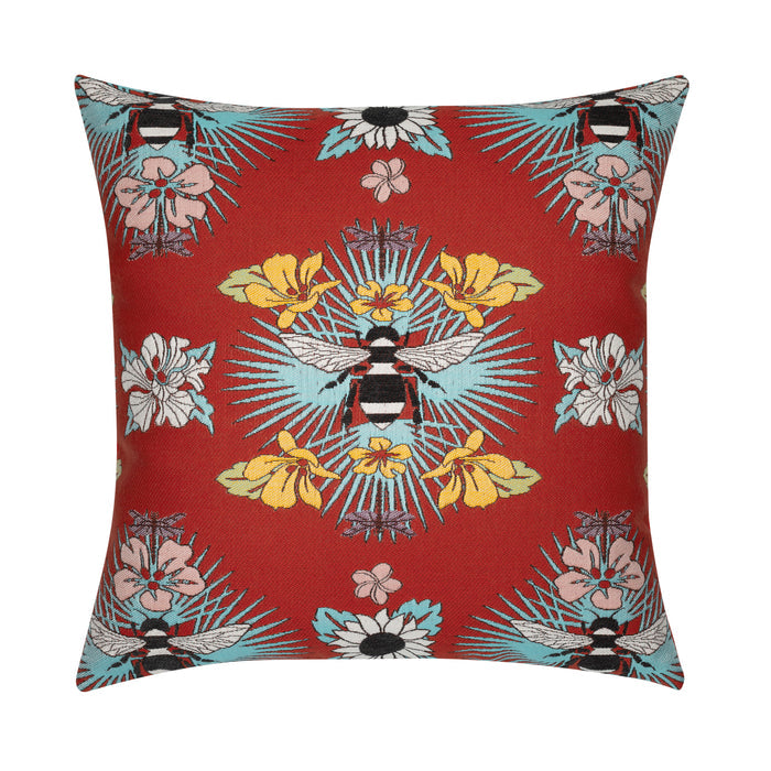 Red floral and botanical bee pillow in square size for lively indoor and outdoor decor