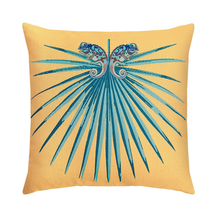 Yellow and blue radial stripe outdoor pillow, square size for vibrant outdoor styling by Elaine Smith