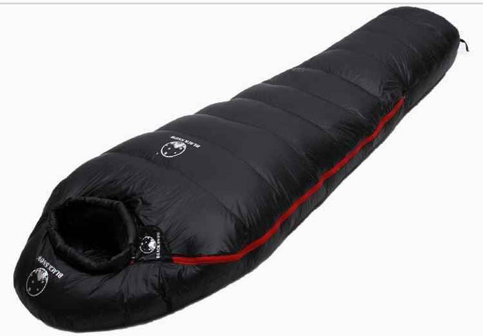 Yellow mummy goose down sleeping bag from Mead's Supply & Equipment Outfitters, designed for outdoor camping and cold weather.