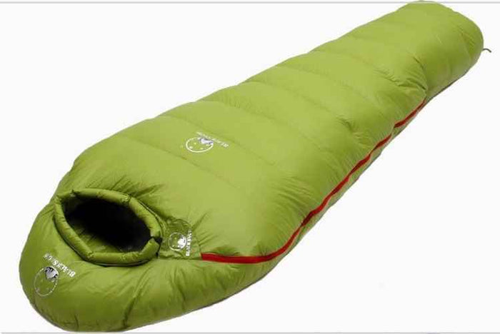 Yellow Mummy Goose Down Sleeping Bag by Mead's Supply & Equipment Outfitters, designed for outdoor camping and cold weather.