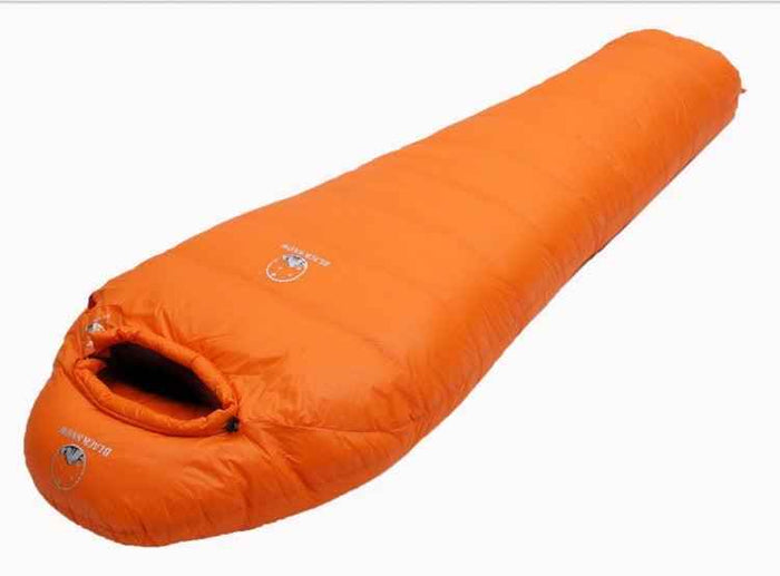 Yellow Mummy Goose Down Sleeping Bag by Mead's Supply & Equipment Outfitters, designed for outdoor camping and cold weather conditions.