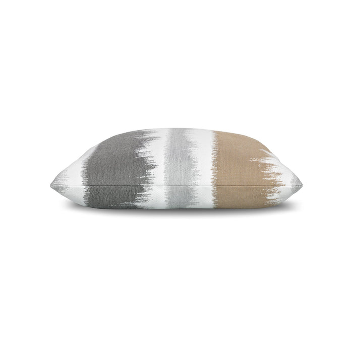 Side image of Tan and gray ombre striped outdoor pillow lumbar size for neutral indoor and outdoor decor