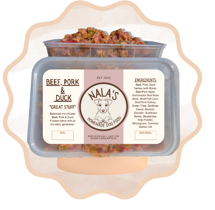 NALAS DOG FOOD BEEF,PORK & DUCK "GREAT STUFF"